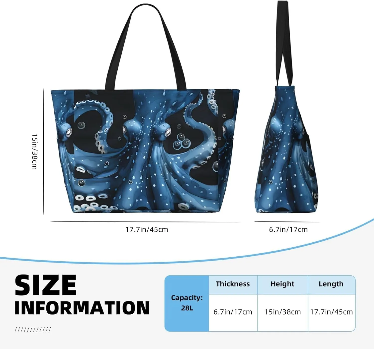 Octopus Print Large Beach Tote Bag Women Waterproof Sandproof Zipper Beach Tote Bag For Pool Gym Grocery Travel With Wet