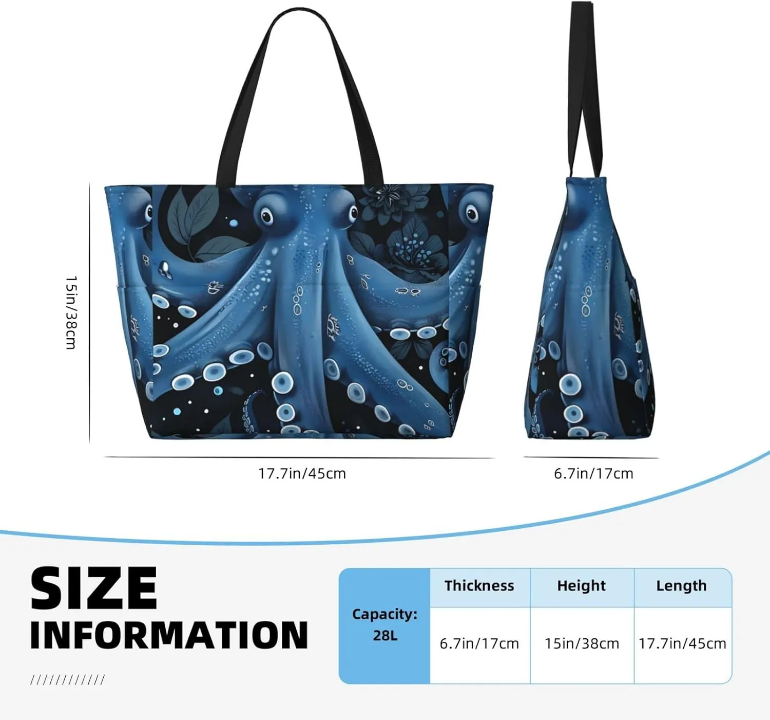 Octopus Print Large Beach Tote Bag Women Waterproof Sandproof Zipper Beach Tote Bag For Pool Gym Grocery Travel With Wet