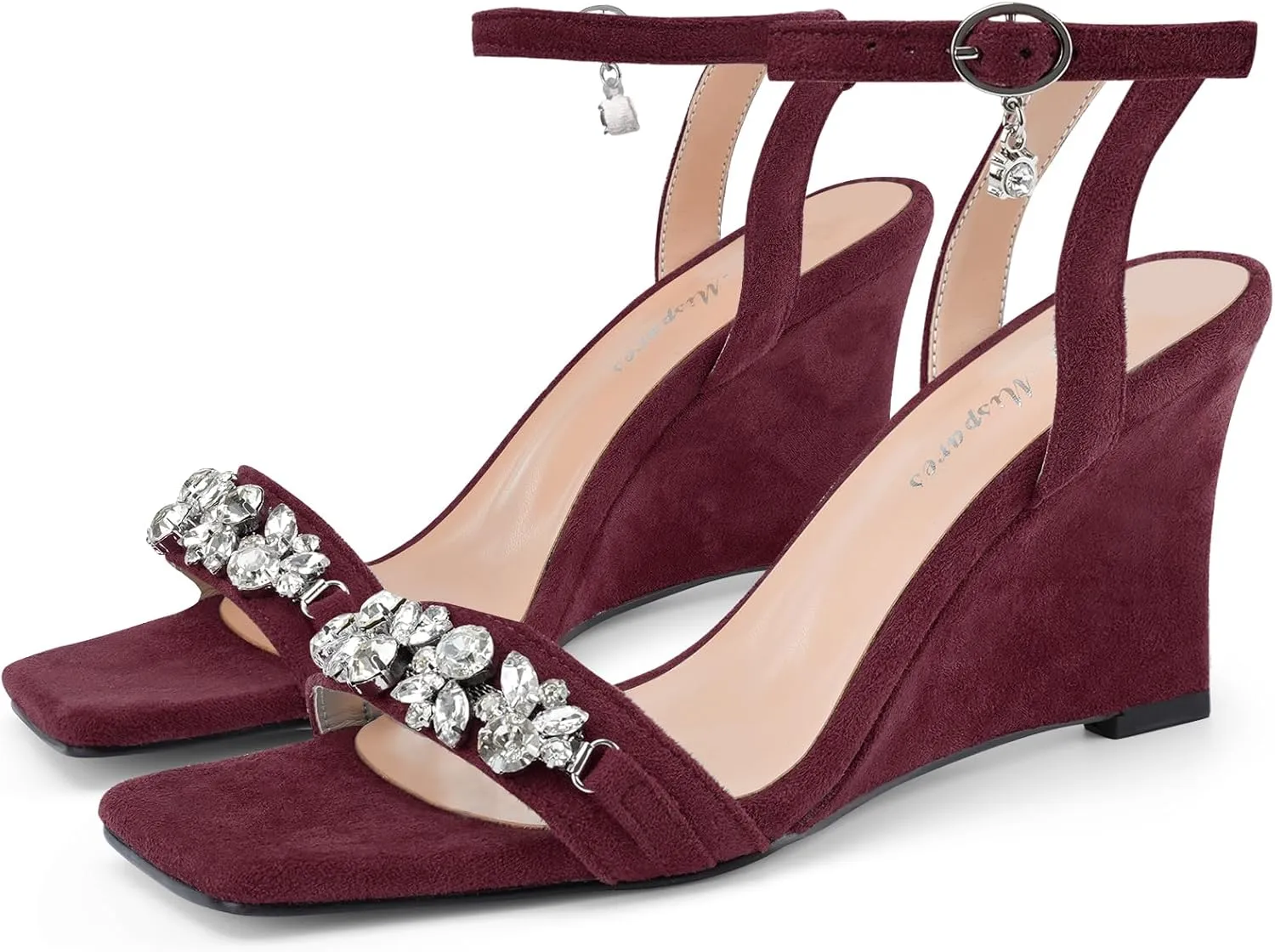 Oh Mispares Wedge Sandals for Women Square Open Toe Rhinestone Suede Dress Shoes Adjustable Strap 3 Inch Heels