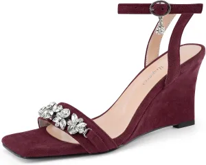 Oh Mispares Wedge Sandals for Women Square Open Toe Rhinestone Suede Dress Shoes Adjustable Strap 3 Inch Heels