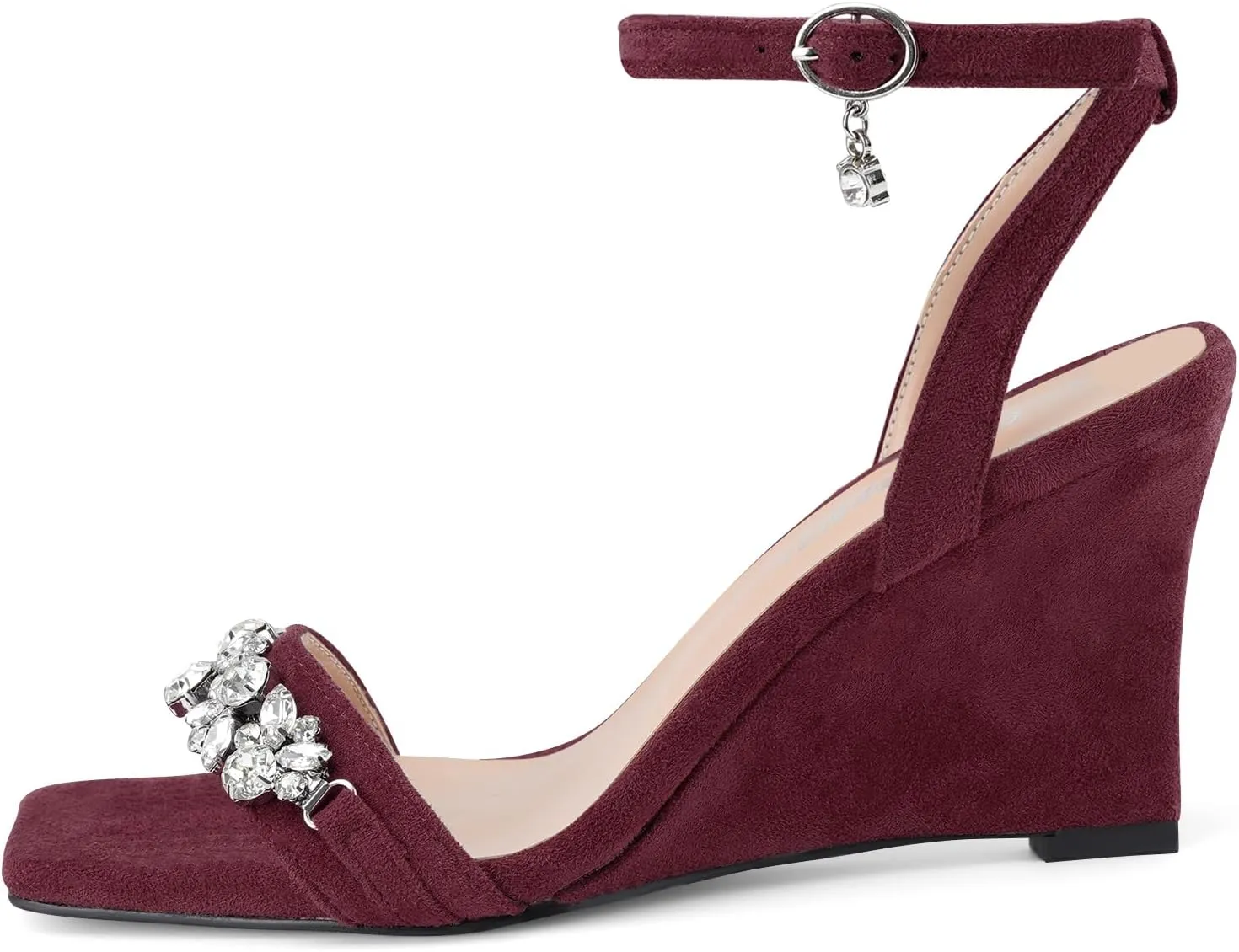 Oh Mispares Wedge Sandals for Women Square Open Toe Rhinestone Suede Dress Shoes Adjustable Strap 3 Inch Heels