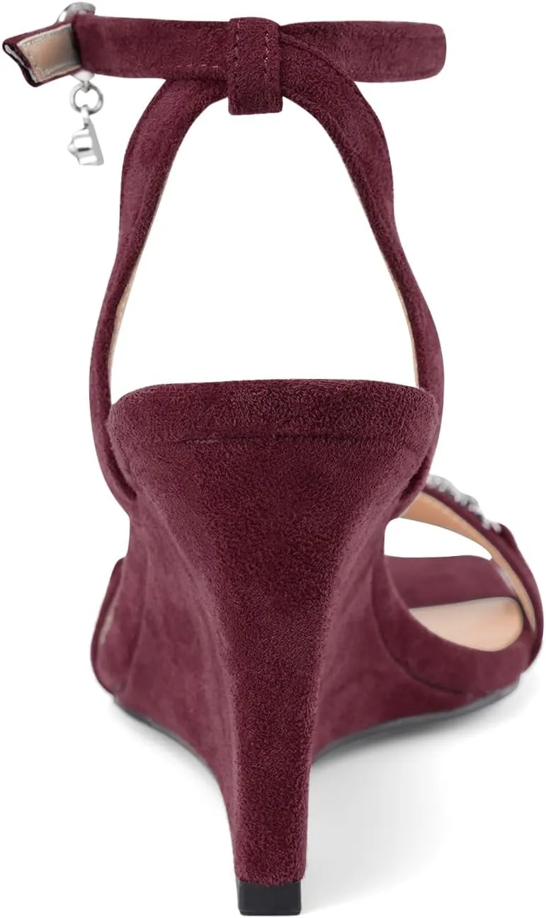 Oh Mispares Wedge Sandals for Women Square Open Toe Rhinestone Suede Dress Shoes Adjustable Strap 3 Inch Heels