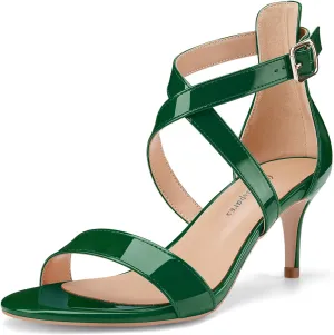 Oh Mispares Women’s Heeled Sandals Round Open Toe Mid Stiletto Heel Adjustable Crossover Straps Buckle Patent Leather Summer Dress Shoes Wedding Party Prom