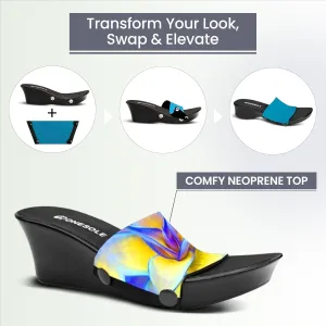 Onesole Black Elegance Blue Agave Blue Travel Kit, 2 Inch wedge lightweight Shoes, Interchangeable Blue Agave Leaves and Solid Turquoise comfy Tops, women's wedge Sandals, (Size 9)