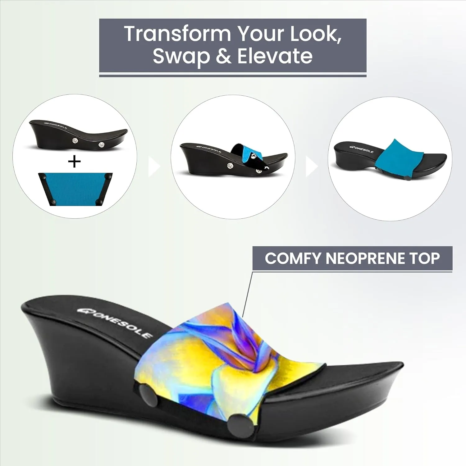 Onesole Black Elegance Blue Agave Blue Travel Kit, 2 Inch wedge lightweight Shoes, Interchangeable Blue Agave Leaves and Solid Turquoise comfy Tops, women's wedge Sandals, (Size 9)