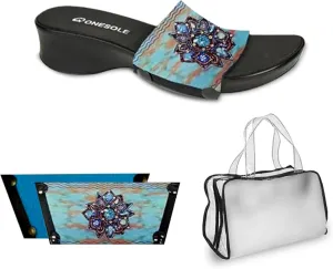 Onesole Leisure Denim Burst Shoe Kit, interchangeable Denim Burst and Solid Dusky Blue tops and Clear Travel Bag, Tops for women's wedge Sandals 1 1/2" heel, As Seen on Shark Tank (Size 12)