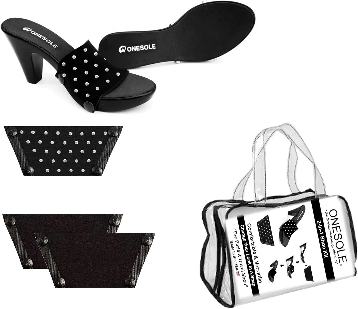 Onesole The Original Interchangeable Shoe, Chic Black Wedge Sandals with Interchangeable Soles stainless steel snaps Almost Decadent on Black Crystal interchangeable Tops sandals As Seen on Shark Tank