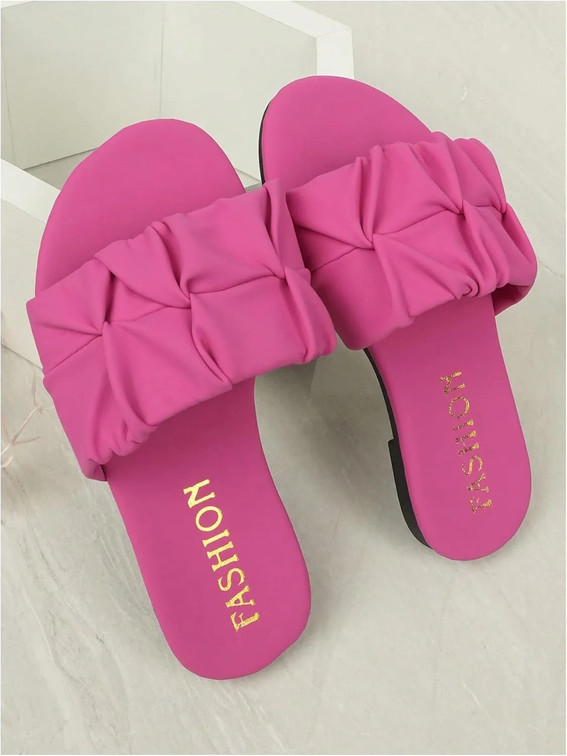 OYOANGLE Girl's Ruched Single Band Slide Sandals Lightweight Open Toe Flat Sandal