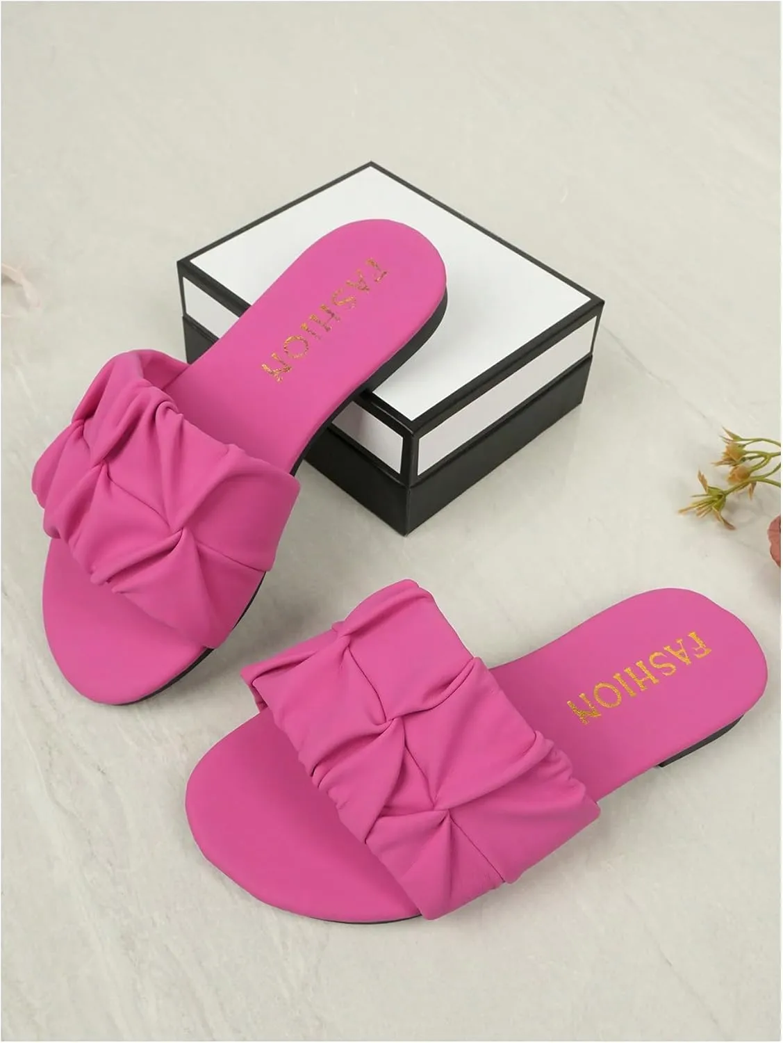OYOANGLE Girl's Ruched Single Band Slide Sandals Lightweight Open Toe Flat Sandal
