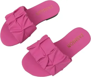 OYOANGLE Girl's Ruched Single Band Slide Sandals Lightweight Open Toe Flat Sandal