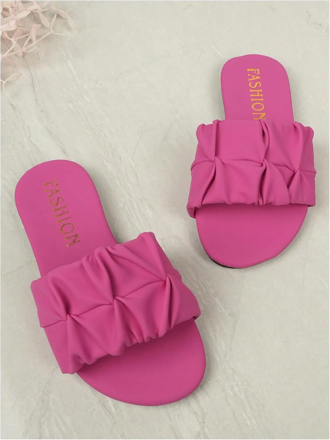 OYOANGLE Girl's Ruched Single Band Slide Sandals Lightweight Open Toe Flat Sandal