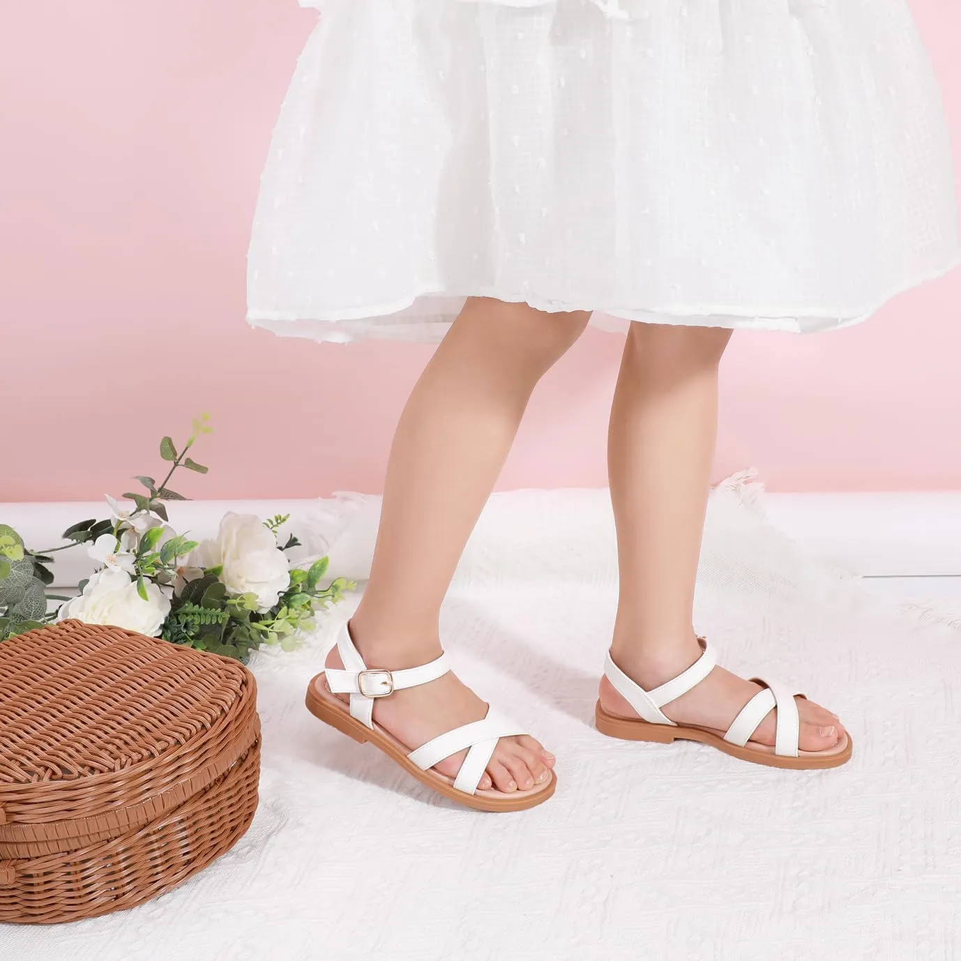 PANDANINJIA Elva Girls Sandals Open Toe Cute Flats Dress Sandals Cross Strappy Summer Shoes Toddler/Little Kid/Big Kid