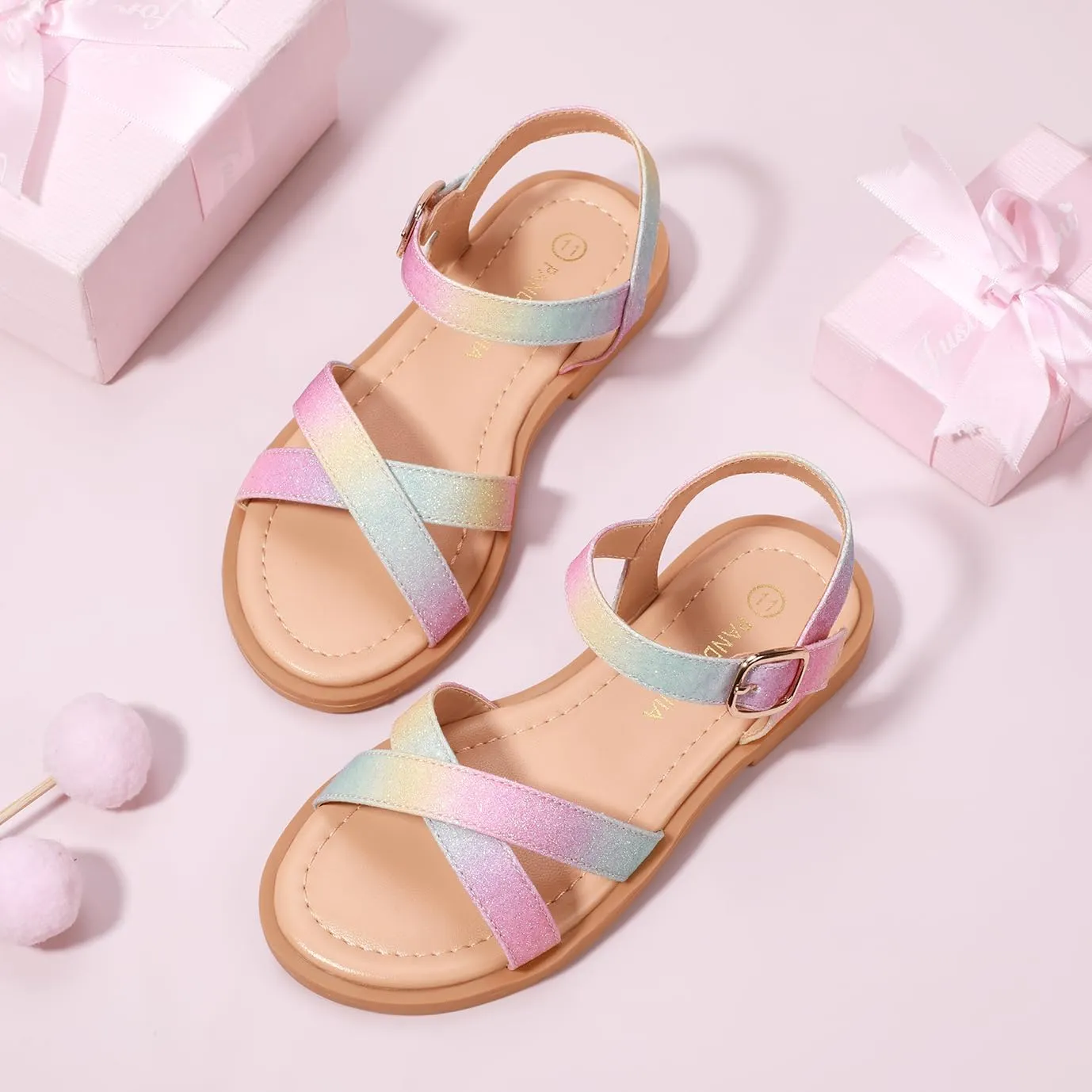 PANDANINJIA Elva Girls Sandals Open Toe Cute Flats Dress Sandals Cross Strappy Summer Shoes Toddler/Little Kid/Big Kid