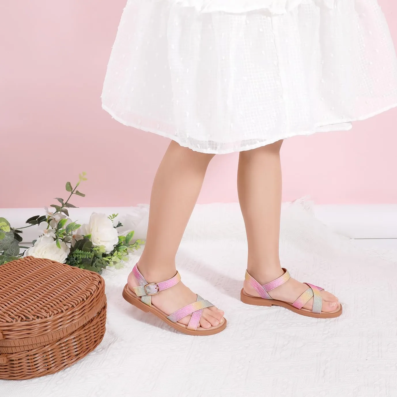 PANDANINJIA Elva Girls Sandals Open Toe Cute Flats Dress Sandals Cross Strappy Summer Shoes Toddler/Little Kid/Big Kid