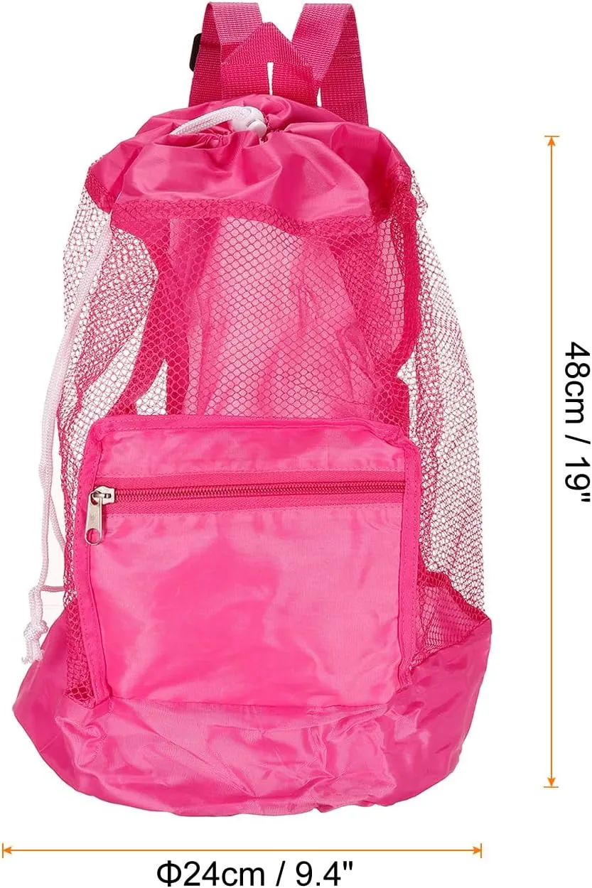PATIKIL Mesh Beach Bag, Washable Large Mesh Backpack Sea Shell Organizers Drawstring Storage Bags, Pink