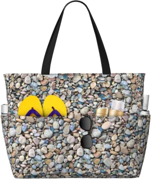 Pebble Stone Pattern Print Large Capacity Beach Travel Bag For Family, Beach Tote Bag For Women With Zipper Pockets