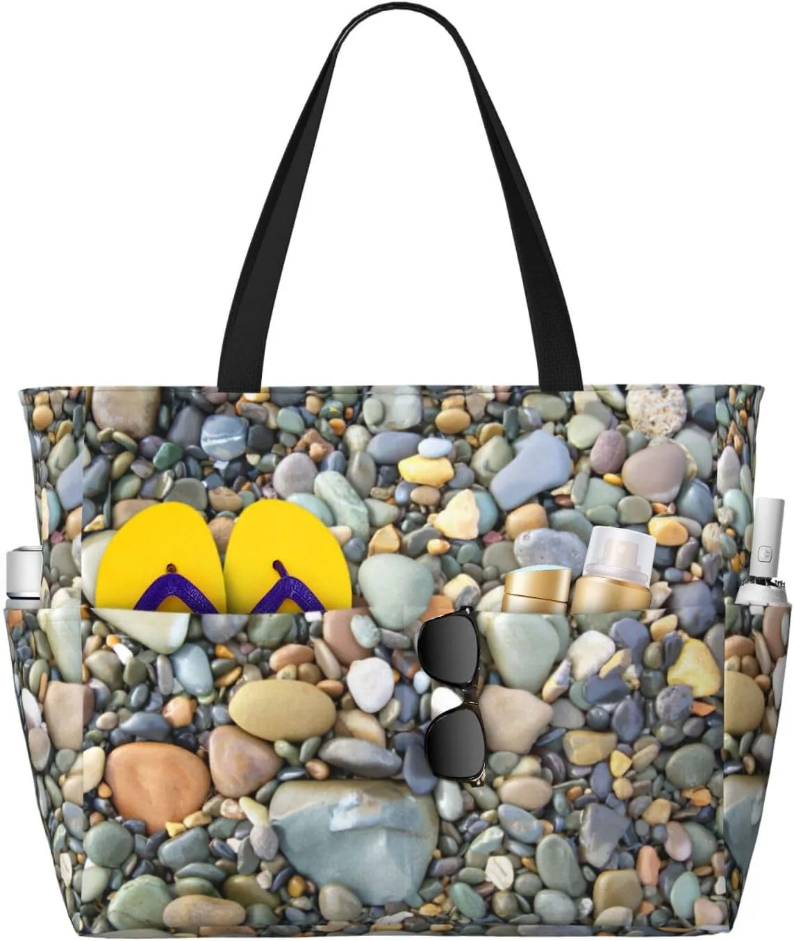 Pebble Stone Print Large Capacity Beach Travel Bag For Family, Beach Tote Bag For Women With Zipper Pockets
