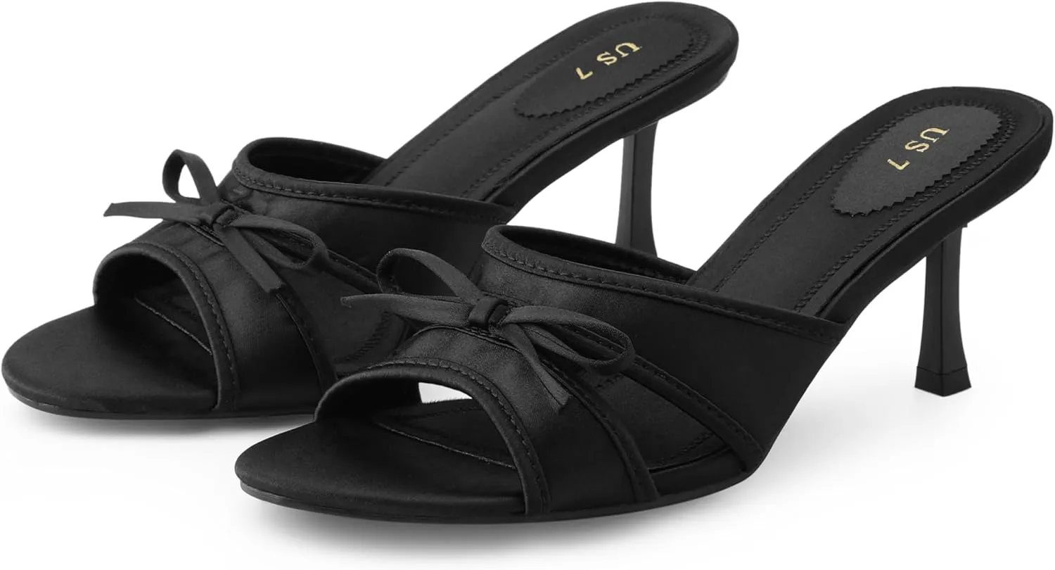 Perphy Bow Heels Slip on Stiletto Heel Satin Sandals for Women