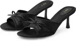 Perphy Bow Heels Slip on Stiletto Heel Satin Sandals for Women