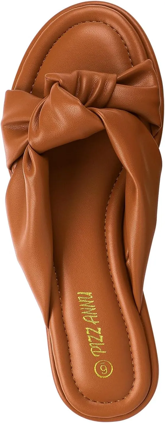 PIZZ ANNU Women's Camila Knotted Slide Sandals with Memory Foam, Comfortable Leather Slip-On Dressy Flat Sandals for Summer & Beach
