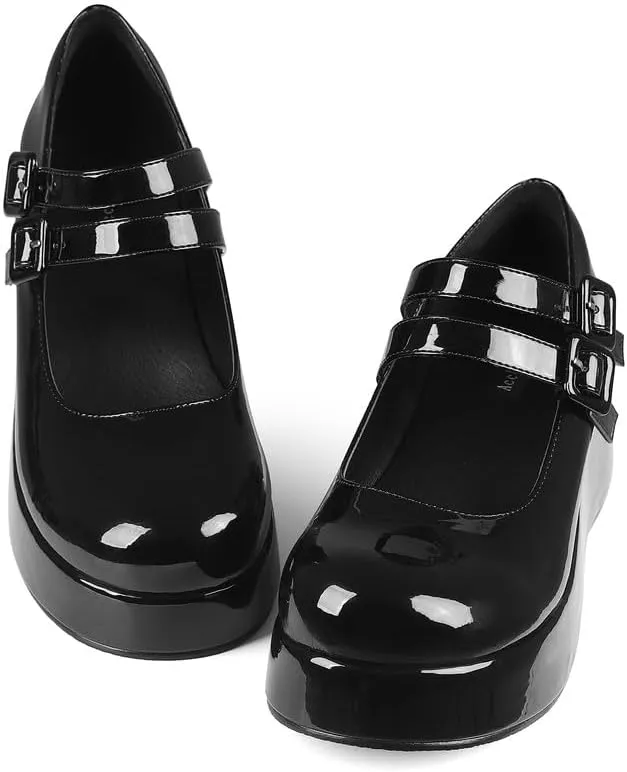 Platform Mary Jane Shoes Women Girls,Ankle Strap Round Toe Goth Chunky Uniform Dress Pumps Shoes Oxfords