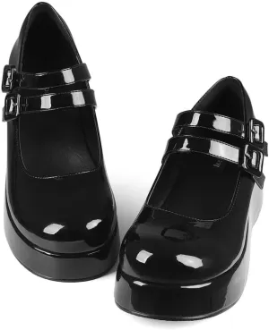 Platform Mary Jane Shoes Women Girls,Ankle Strap Round Toe Goth Chunky Uniform Dress Pumps Shoes Oxfords