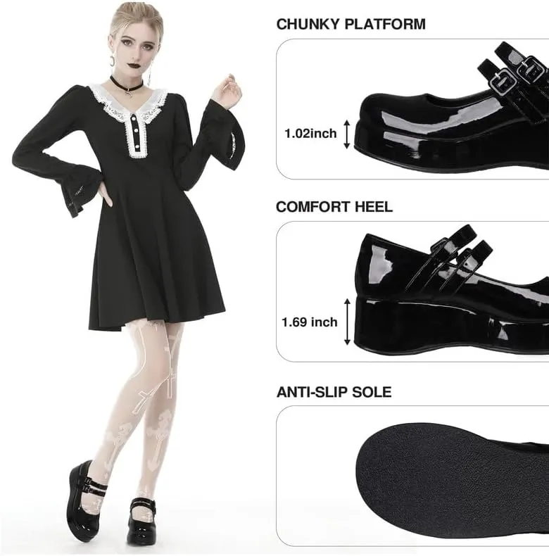 Platform Mary Jane Shoes Women Girls,Ankle Strap Round Toe Goth Chunky Uniform Dress Pumps Shoes Oxfords