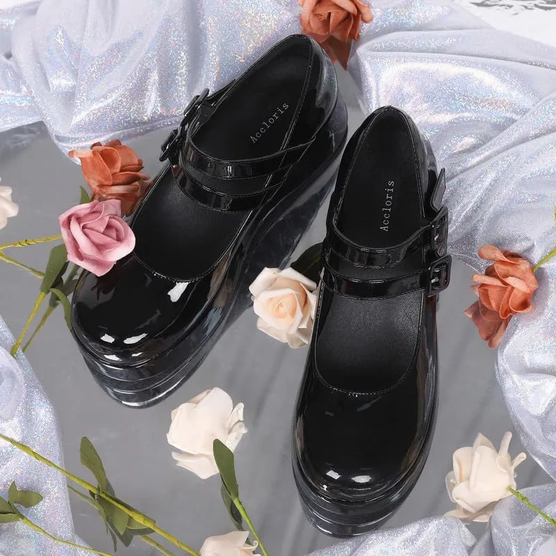 Platform Mary Jane Shoes Women Girls,Ankle Strap Round Toe Goth Chunky Uniform Dress Pumps Shoes Oxfords
