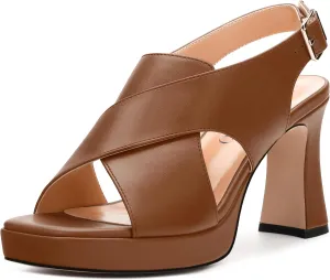 Platform Sandals, Buckle Slingback High Heels for Women, Square Open Toe Fashion Solid Block Heeled Sandal