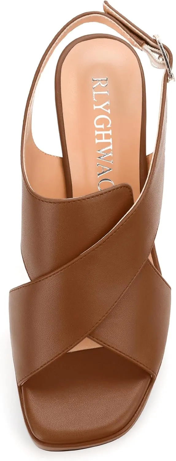 Platform Sandals, Buckle Slingback High Heels for Women, Square Open Toe Fashion Solid Block Heeled Sandal