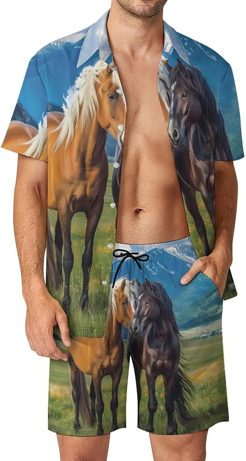Playful Horses In The Valley Men's Hawaiian Set Casual Short Sleeve Shirt And Shorts Suits Outfits Beach Shirt 2 Piece