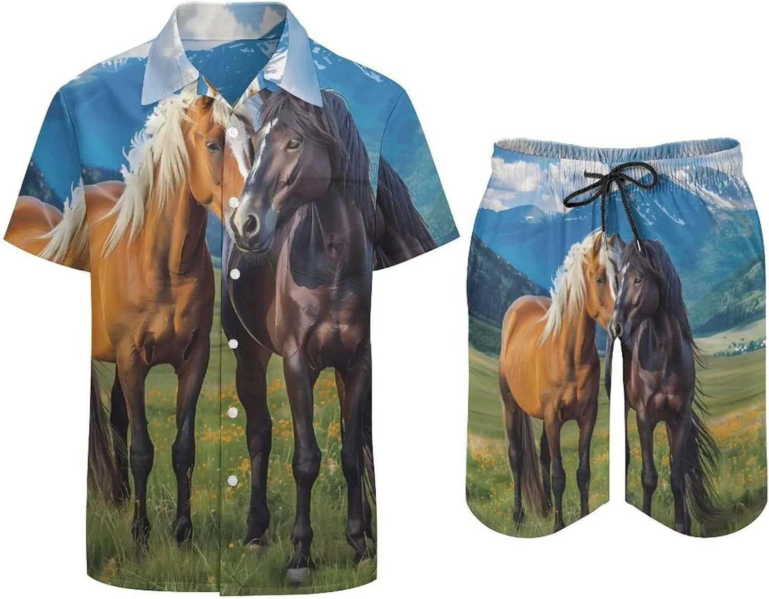 Playful Horses In The Valley Men's Hawaiian Set Casual Short Sleeve Shirt And Shorts Suits Outfits Beach Shirt 2 Piece