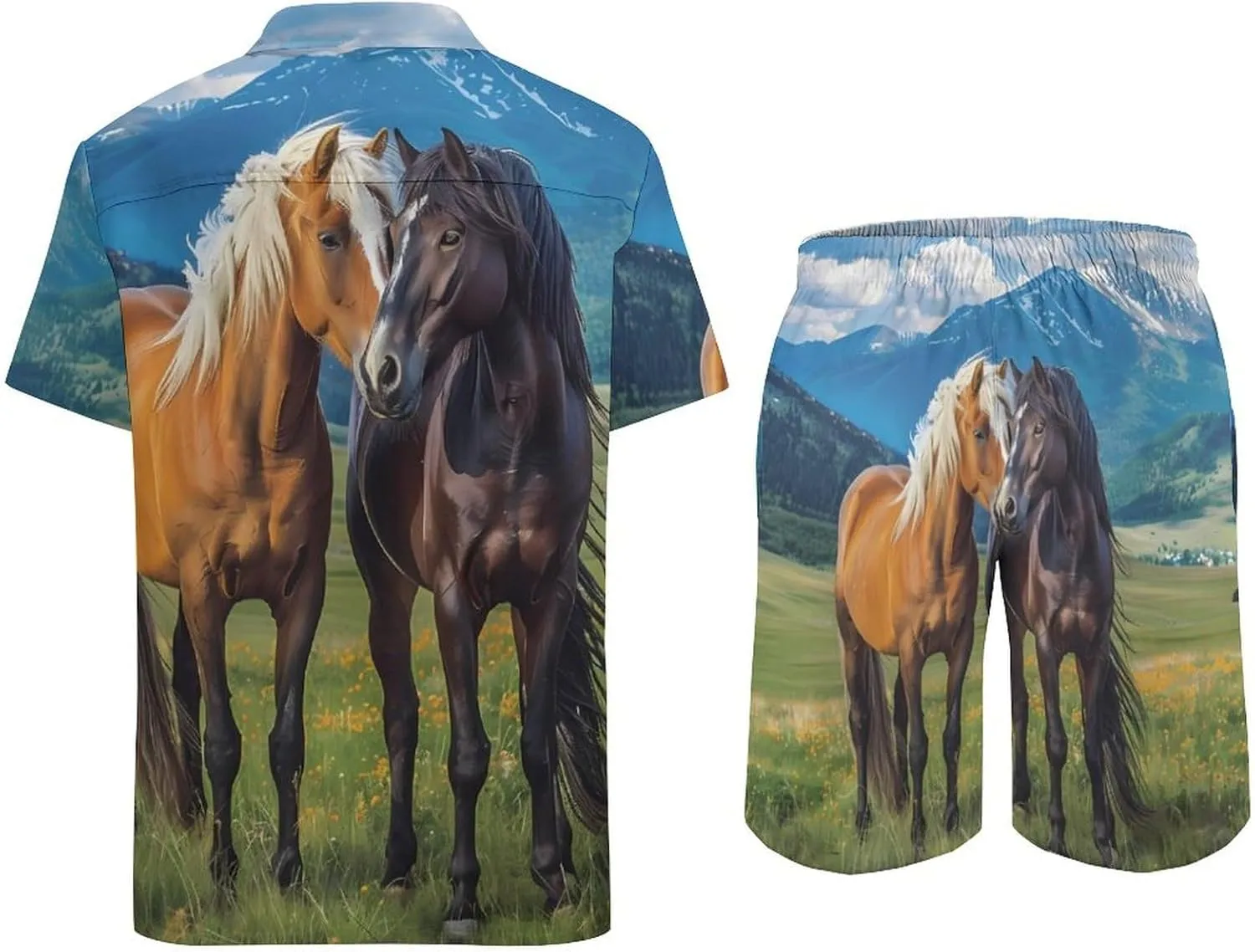 Playful Horses In The Valley Men's Hawaiian Set Casual Short Sleeve Shirt And Shorts Suits Outfits Beach Shirt 2 Piece