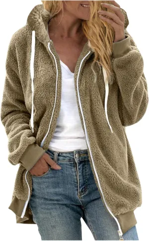 Plus Size Fuzzy Fleece Jacket For Women Faux Fur Sherpa Coat Casual Loose Zip Up Hooded Shearling Jackets Outwear