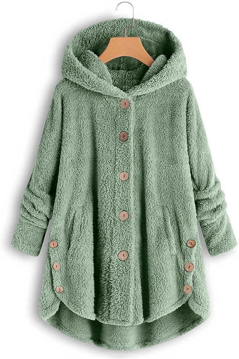 Plus Size Sherpa Tops For Women Casual Loose Button Down Hooded Fuzzy Fleece Jackets Warm Winter Loungewear