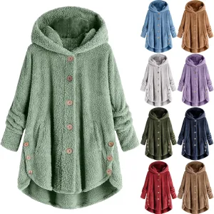 Plus Size Sherpa Tops For Women Casual Loose Button Down Hooded Fuzzy Fleece Jackets Warm Winter Loungewear