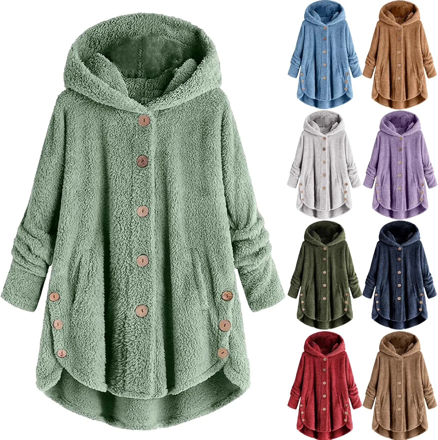 Plus Size Sherpa Tops For Women Casual Loose Button Down Hooded Fuzzy Fleece Jackets Warm Winter Loungewear