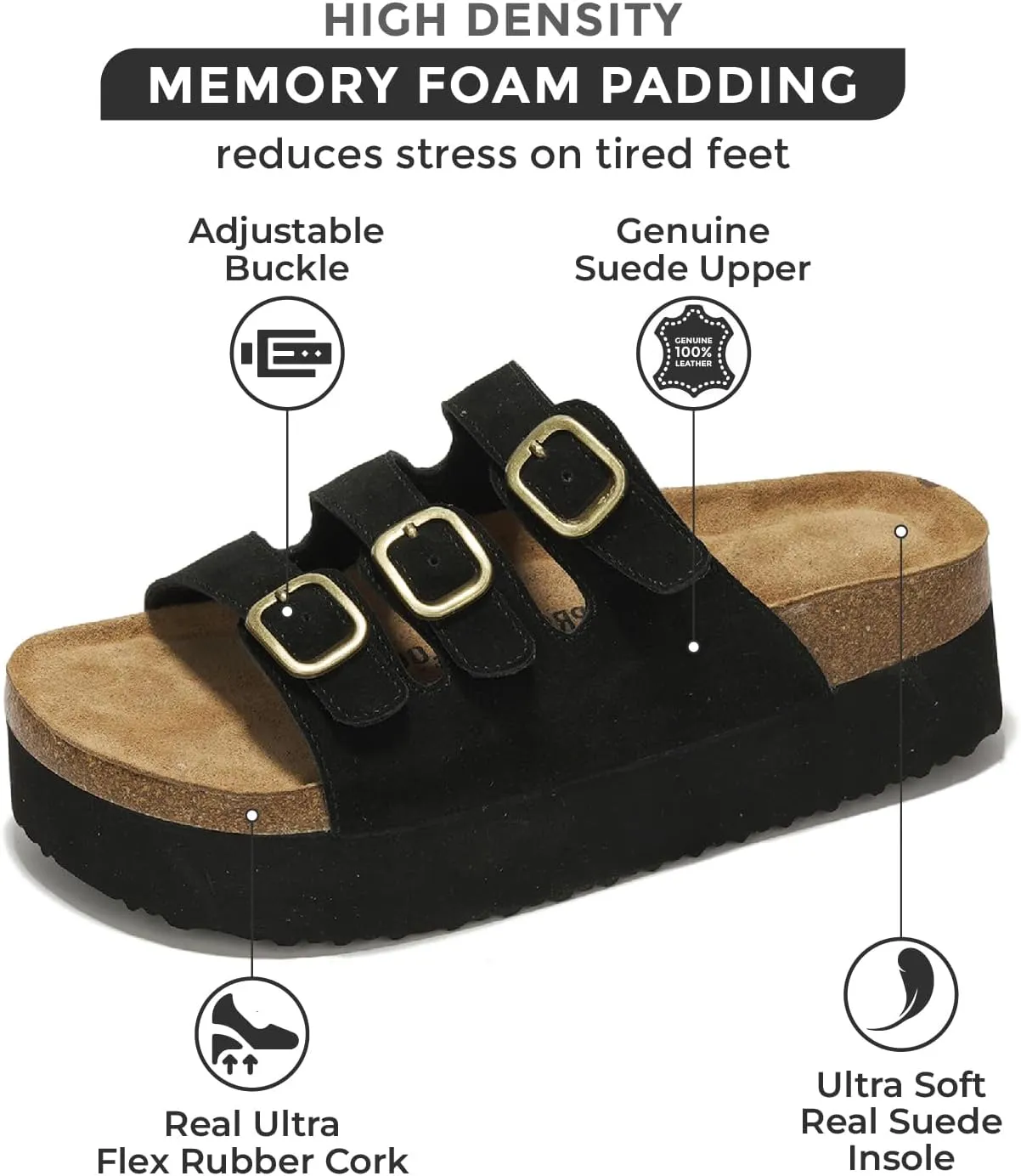 Project Cloud Genuine Suede Womens Sandals - Comfortable Wedges & Platform Sandals for Women with Memory Foam Insole - Non-Slip 3-Strap Wedge for Women Footwear (Dyan)
