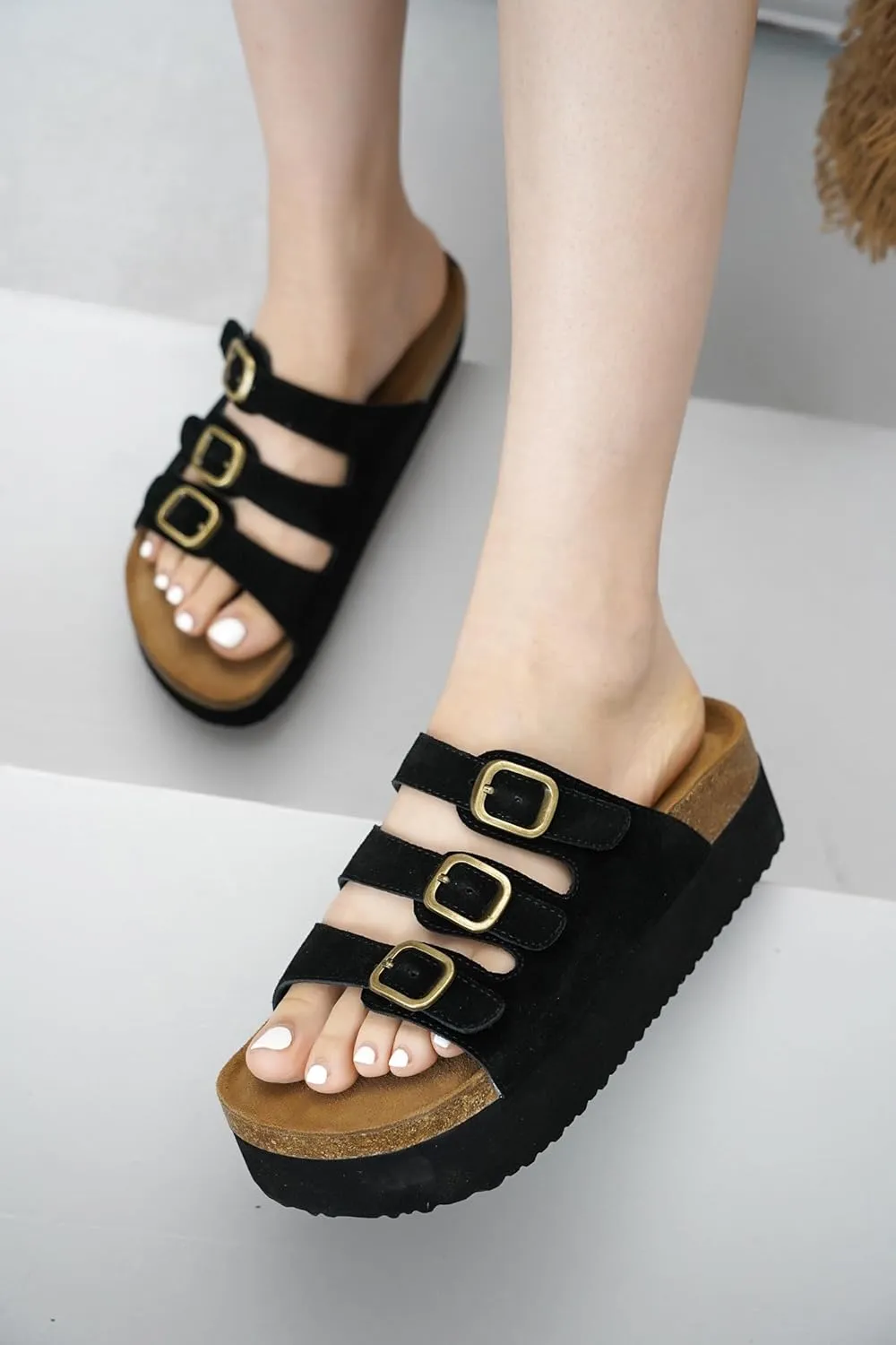 Project Cloud Genuine Suede Womens Sandals - Comfortable Wedges & Platform Sandals for Women with Memory Foam Insole - Non-Slip 3-Strap Wedge for Women Footwear (Dyan)