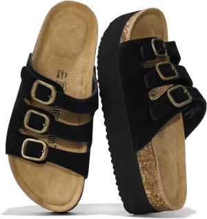 Project Cloud Genuine Suede Womens Sandals - Comfortable Wedges & Platform Sandals for Women with Memory Foam Insole - Non-Slip 3-Strap Wedge for Women Footwear (Dyan)