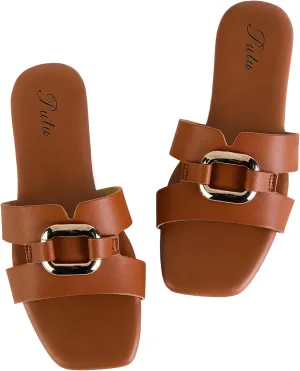 Putu Women's Flat Sandals Square Open Toe Slide Sandals Casual Summer Sandals with Metallic Buckle