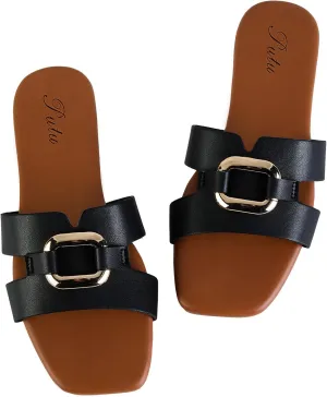 Putu Women's Flat Sandals Square Open Toe Slide Sandals Casual Summer Sandals with Metallic Buckle