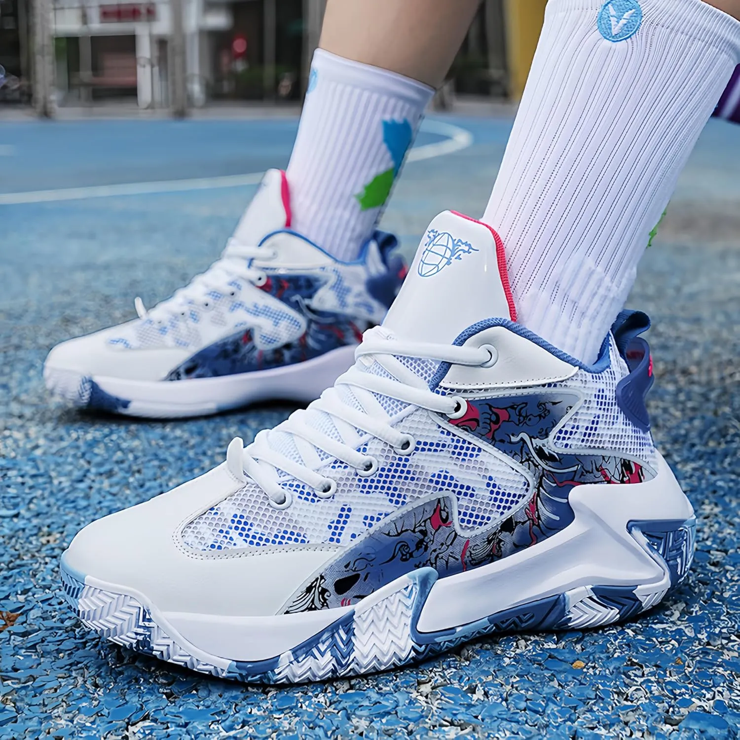 Qiucdzi Mens Basketball Shoes Non-Slip Breathable Outdoor Sneakers Fashion Graffiti Sports Training Shoes for Running Walking