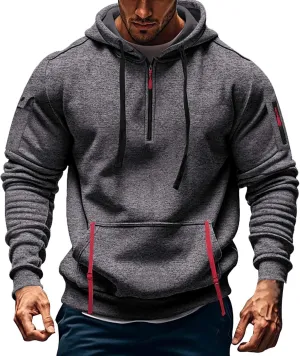 Quarter Zip Pullover Top for Men Tactical Cargo Hoodies Casual Long Sleeve Workout Hipster Athletic Hooded Sweatshirt