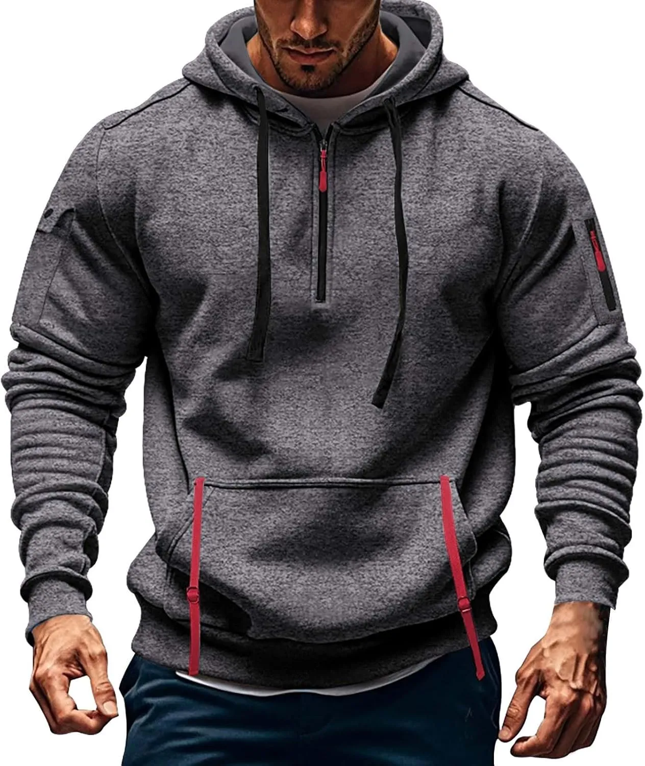 Quarter Zip Pullover Top for Men Tactical Cargo Hoodies Casual Long Sleeve Workout Hipster Athletic Hooded Sweatshirt
