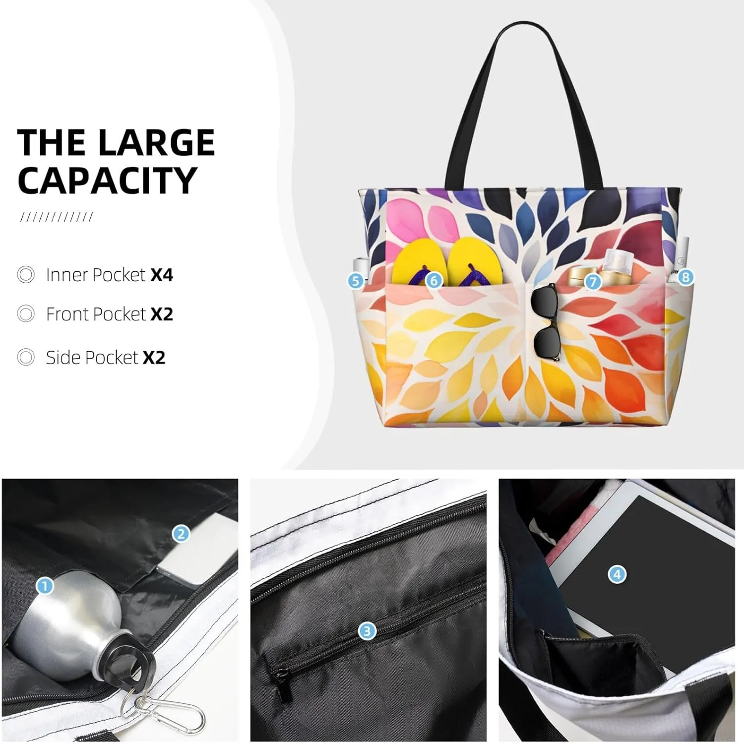 Rainbow Print Large Beach Tote Bag Women Waterproof Sandproof Zipper Beach Tote Bag For Pool Gym Grocery Travel With Wet