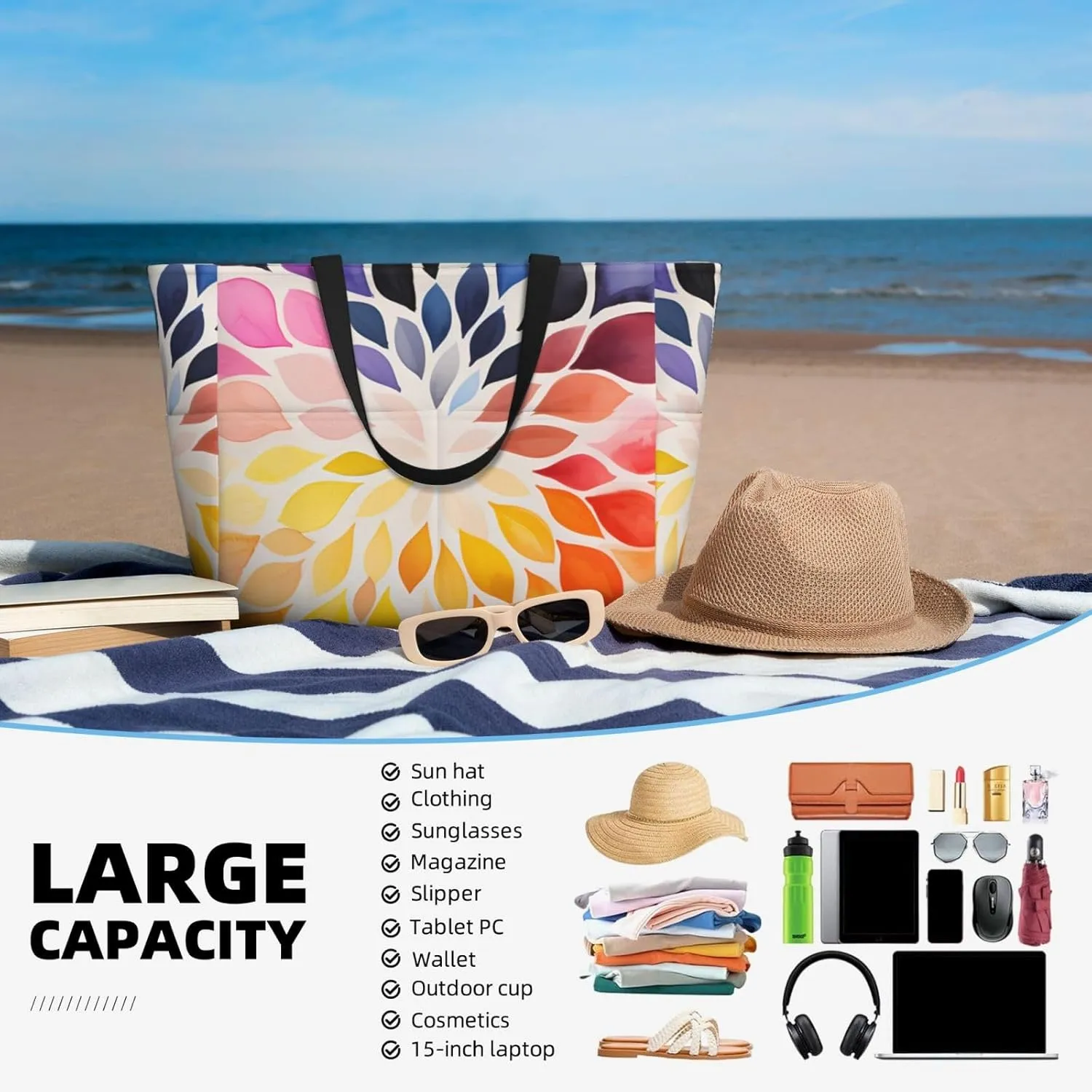 Rainbow Print Large Beach Tote Bag Women Waterproof Sandproof Zipper Beach Tote Bag For Pool Gym Grocery Travel With Wet