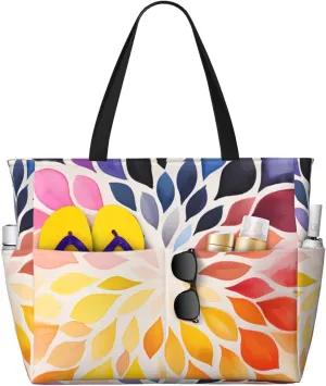 Rainbow Print Large Beach Tote Bag Women Waterproof Sandproof Zipper Beach Tote Bag For Pool Gym Grocery Travel With Wet