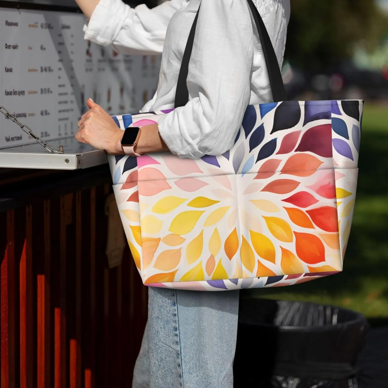 Rainbow Print Large Beach Tote Bag Women Waterproof Sandproof Zipper Beach Tote Bag For Pool Gym Grocery Travel With Wet
