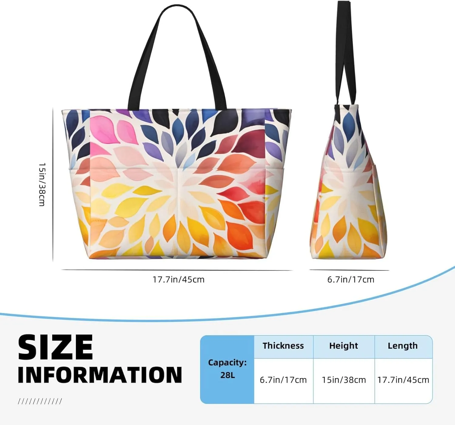 Rainbow Print Large Beach Tote Bag Women Waterproof Sandproof Zipper Beach Tote Bag For Pool Gym Grocery Travel With Wet